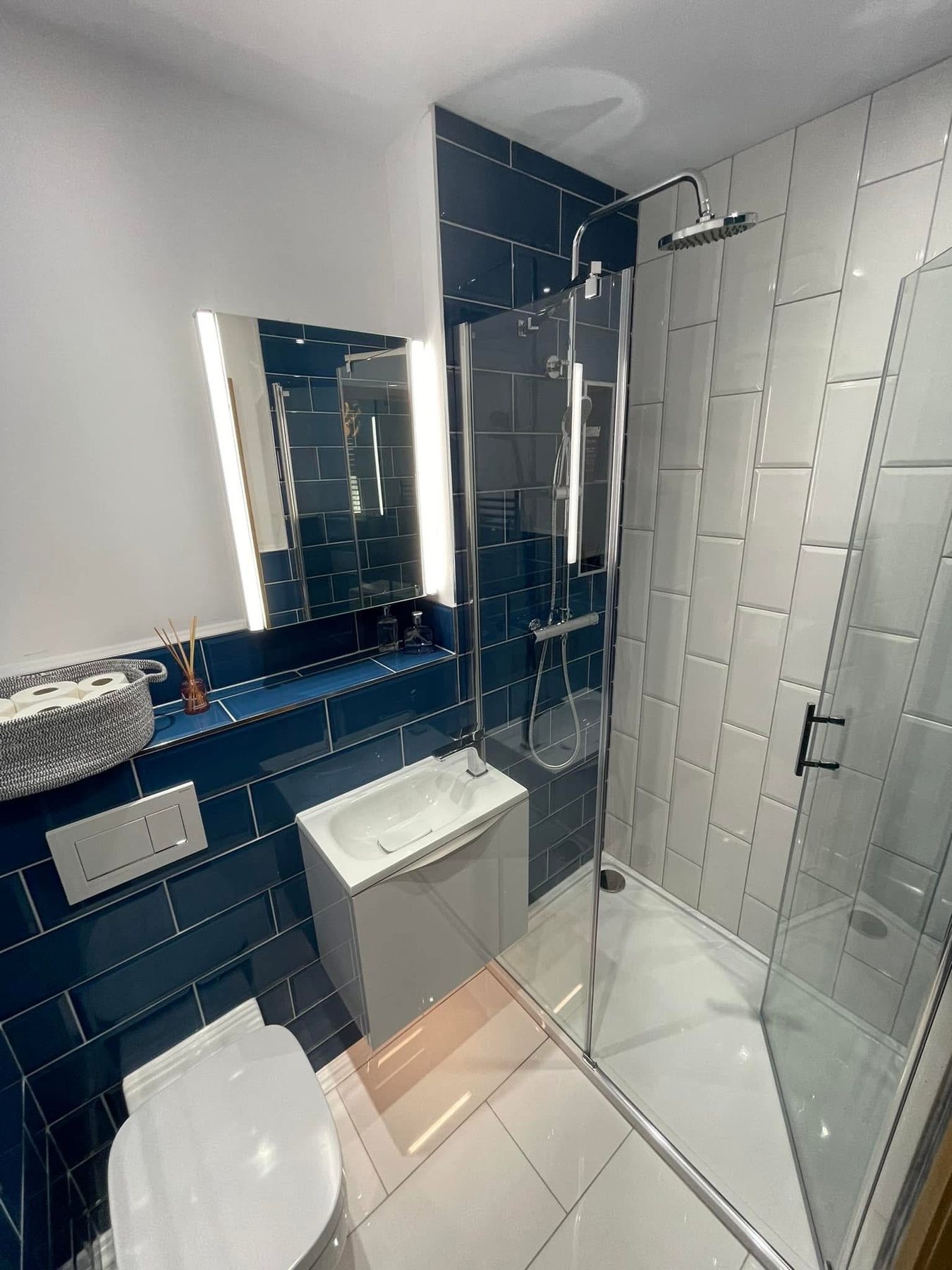 Blue and white shower room